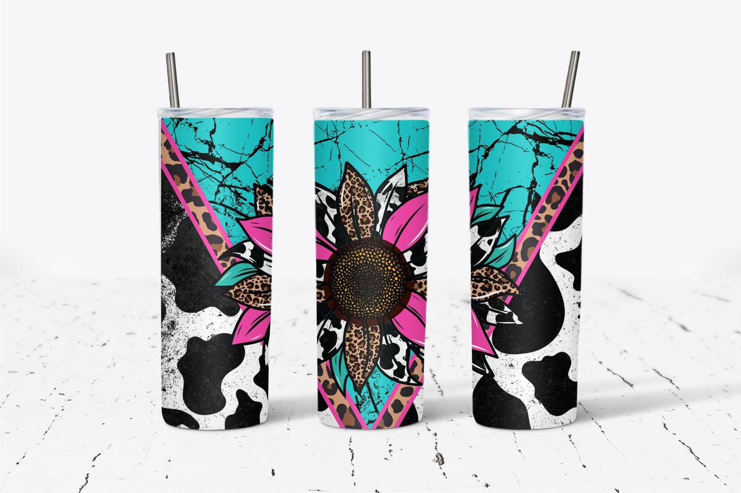 Leopard Cow Sunflower Turquoise Skinny Tumbler 20 Oz